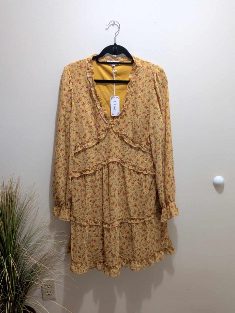 LLove Yellow Floral Print Midi Dress V Neckline Ruffles Tiers NWT